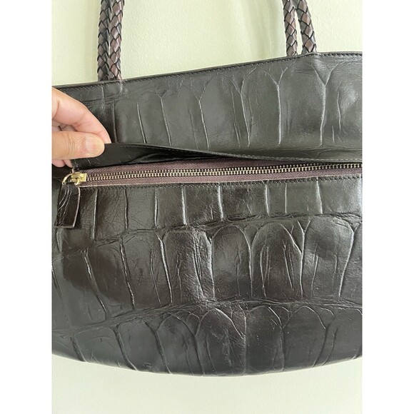 Falor Le Borse Purse Leather Brown 2 Woven 10" Handles Zip Made in Italy - Picture 2 of 13